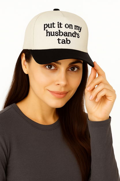 Put It On My Husband’s Tab Trucker Hat – Green & Cream