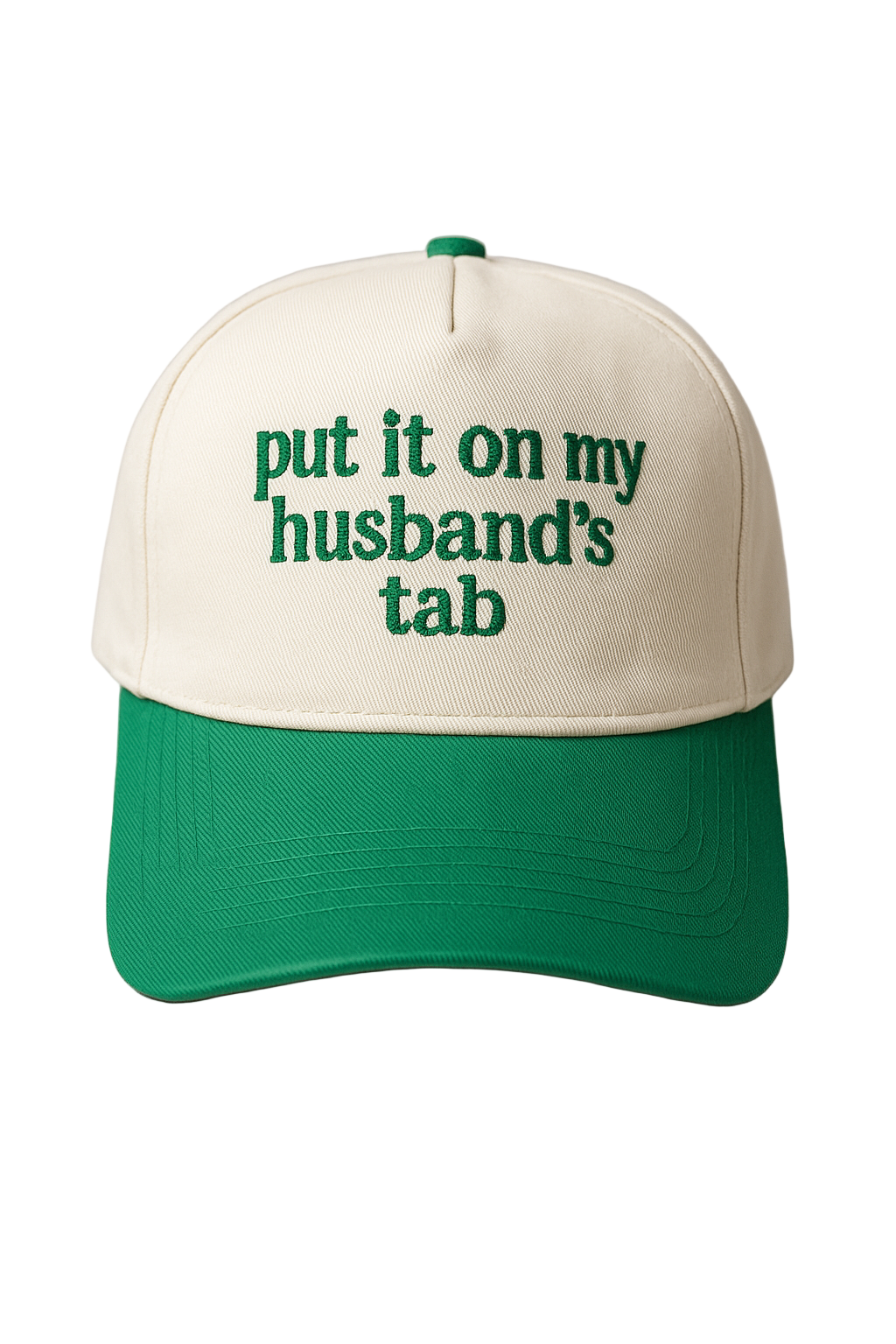 Put It On My Husband’s Tab Trucker Hat – Green & Cream