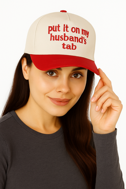 Put It On My Husband’s Tab Trucker Hat – Green & Cream