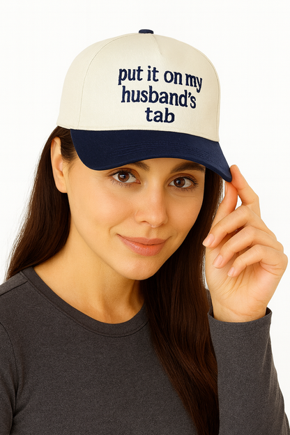Put It On My Husband’s Tab Trucker Hat – Green & Cream