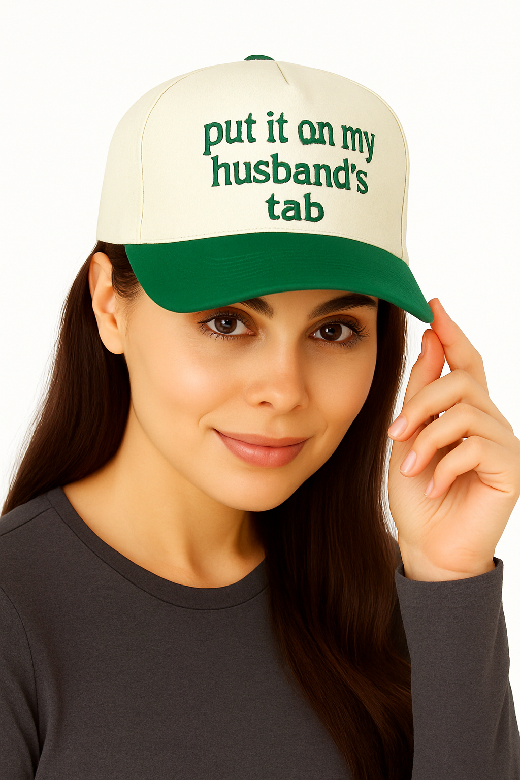 Put It On My Husband’s Tab Trucker Hat – Green & Cream